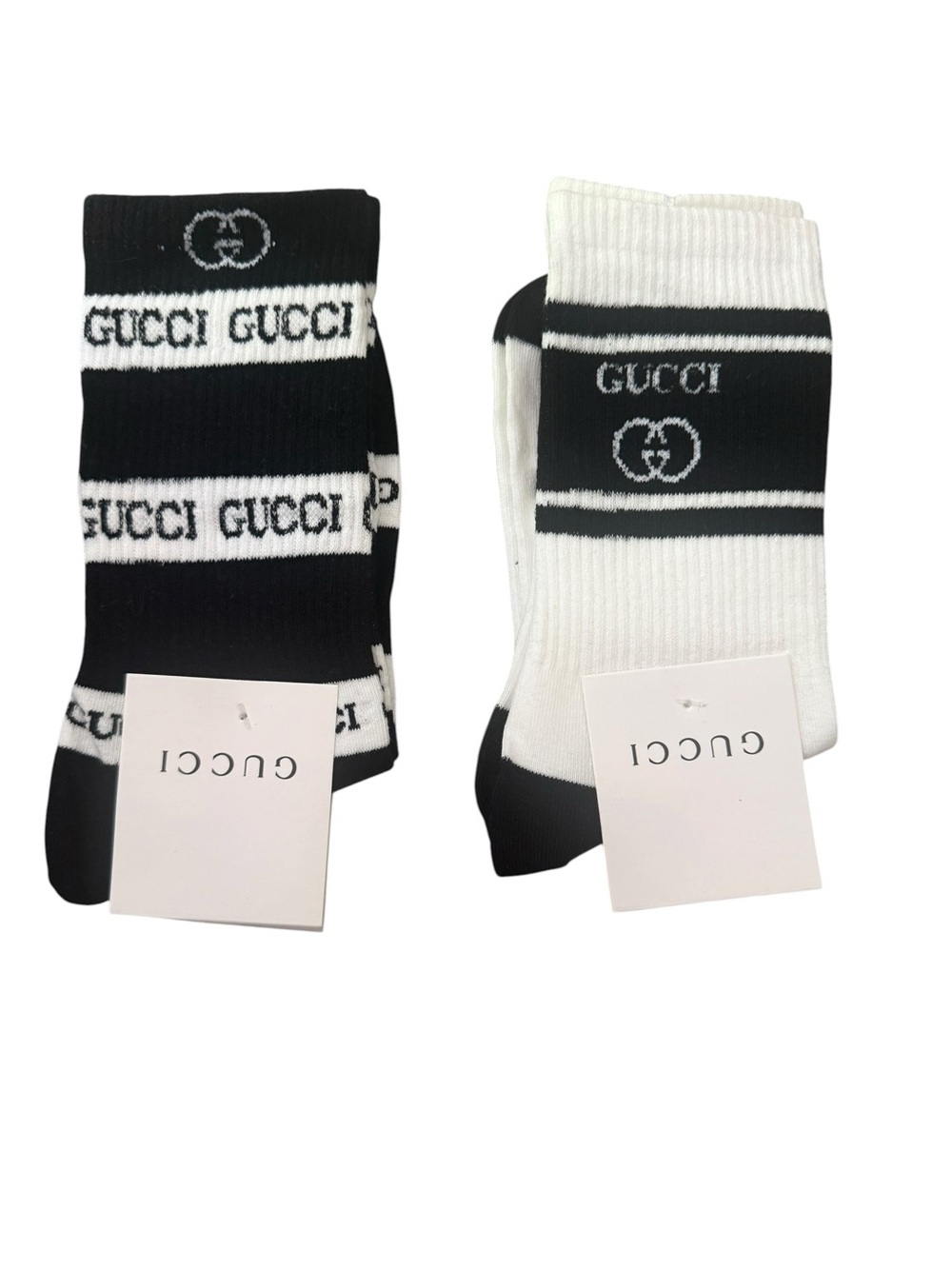2 Pair Gucci Outlet Women’s Black & White Logo Crew Socks - Pack of 2